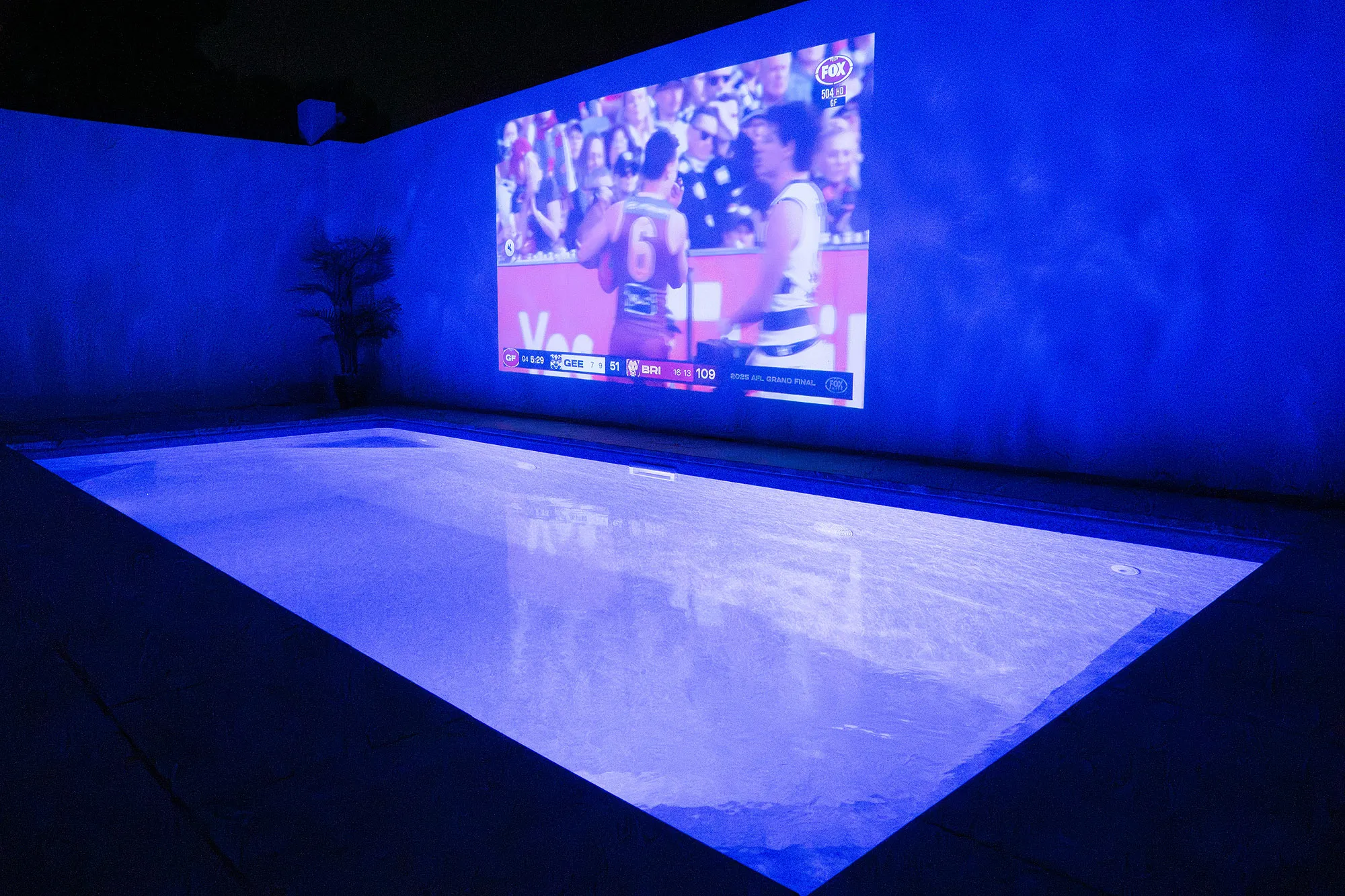 Bayside Modern plunge pool with AFL Grand Final projected onto the courtyard wall creating an outdoor cinema feature