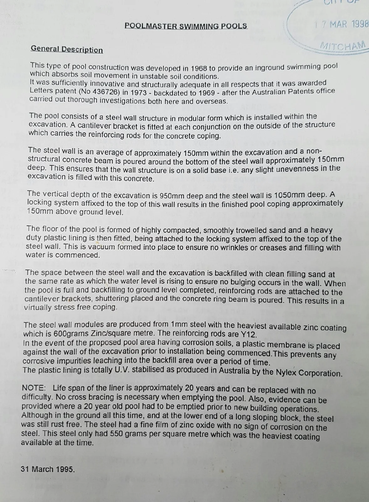 A 1995 technical specification document detailing the Poolmaster pool construction method