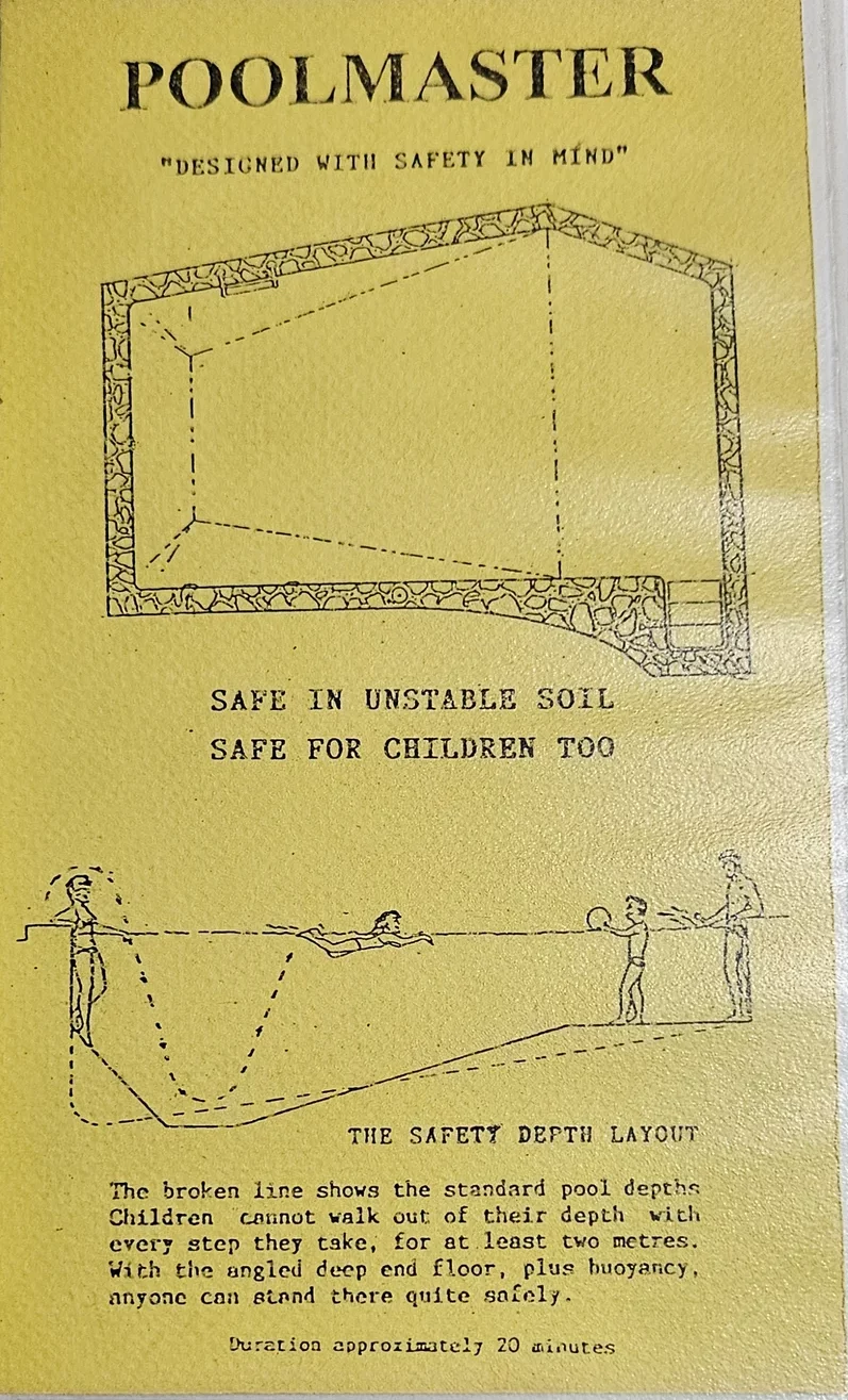 Original Poolmaster brochure cover showing the pool's structural diagram and the slogan Designed With Safety In Mind