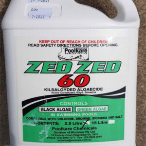 PoolKare Zed Zed 60 kilsalgyded algaecide for controlling black and green algae in swimming pools.